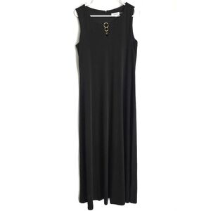 CALVIN KLEIN Sleeveless Black Maxi Dress with Gold Accent Rings M
